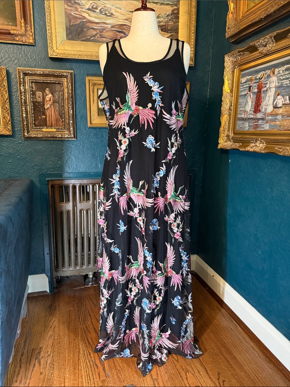 Johnny Was Black Maxi Dress with Pink & Blue Embroidered Birds